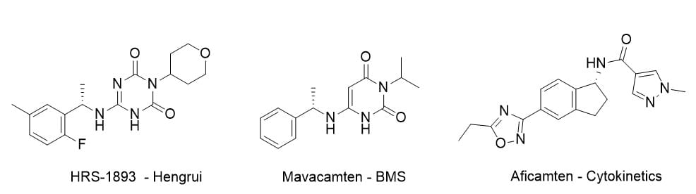 Chemical structures of HRS-1893, Mavacamten, and Aficamten - cardiac myosin inhibitors - oHCM